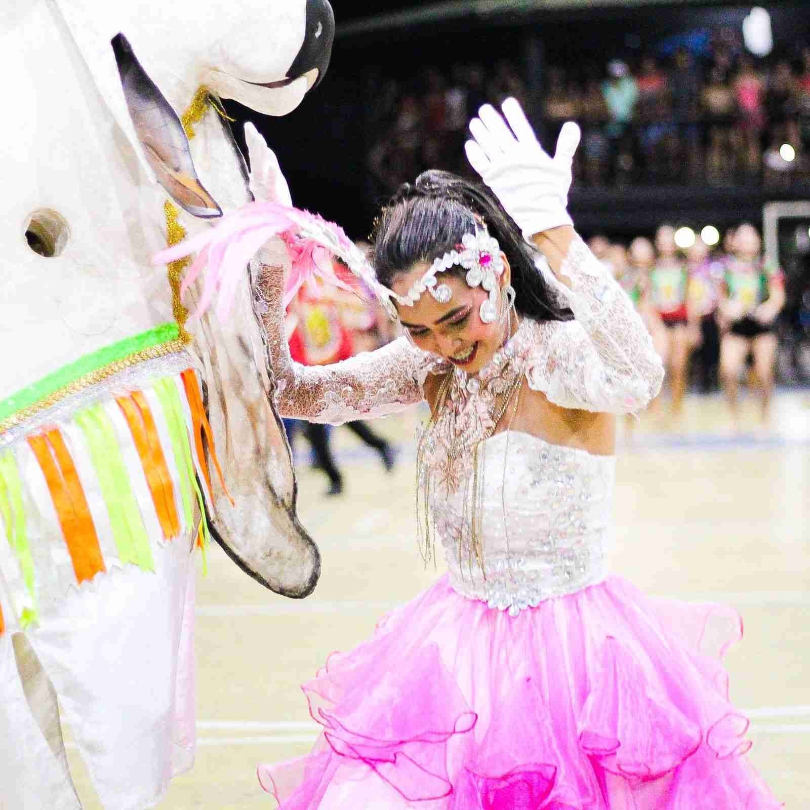 DanÃ§arina do Boi BumbÃ¡ em traje rosa interagindo com o boi branco